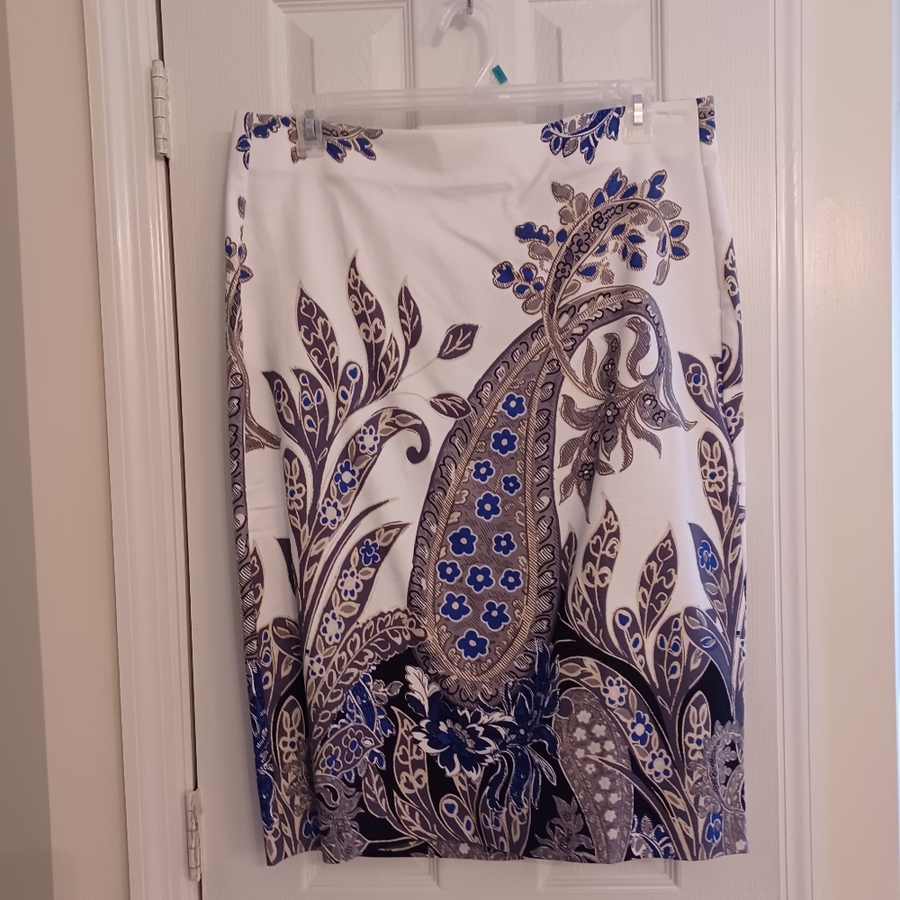 Lane Bryant White Skirt with Blue and Black Paisley Print